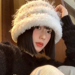 彩色小糖豆毛绒渔夫帽女秋冬季显脸小百搭毛线帽大头围帽子水桶帽