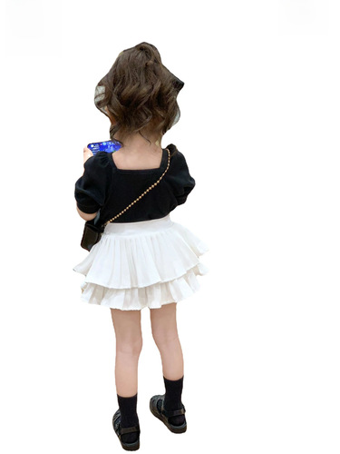 Korean Children's Summer 2024 Fashion Puff Sleeve Square Collar Short Sleeve Top with White Rolled Hem Pleated Skirt Set for Girls