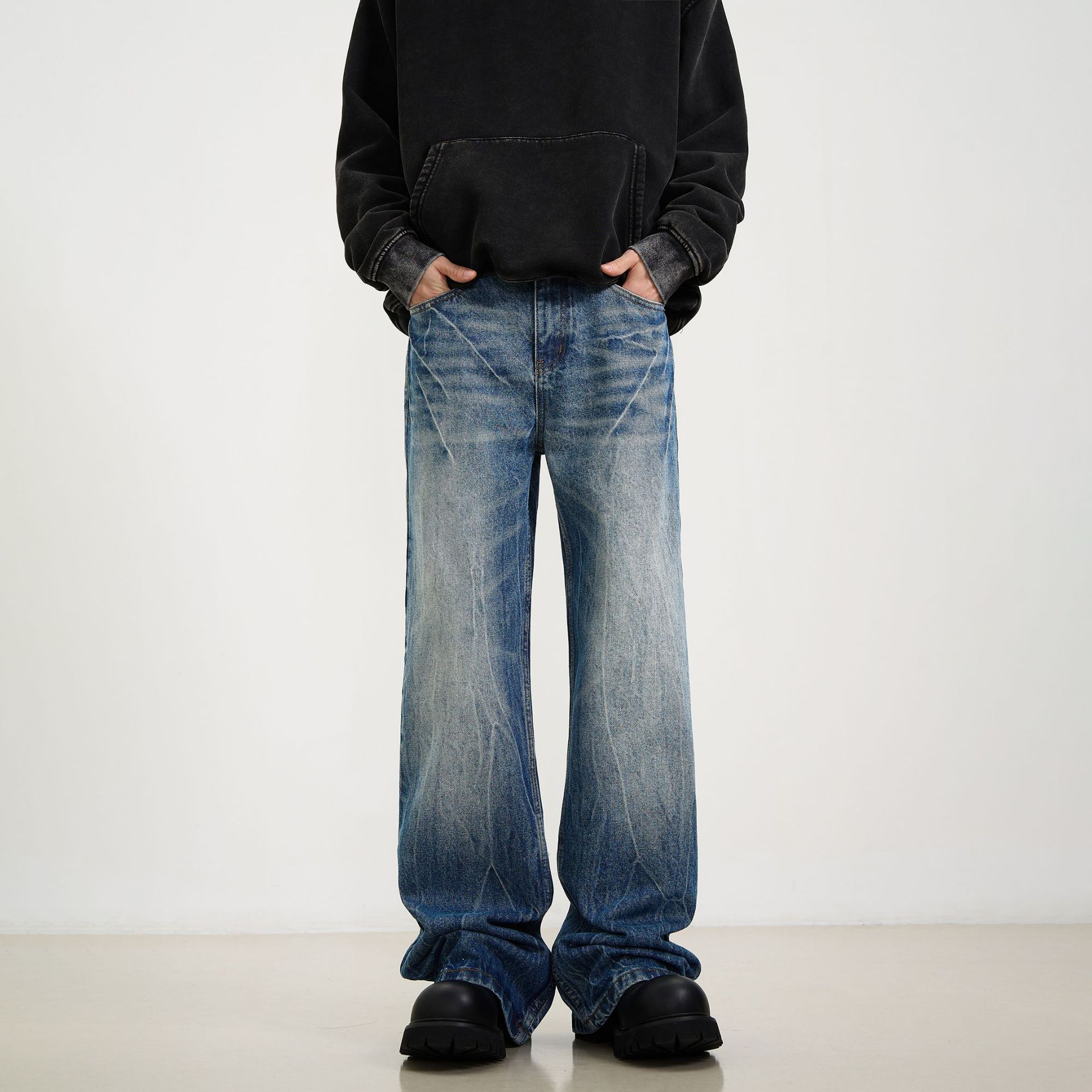 American Style High Street Lightning Pattern Washed Straight Tube Micro-La Jeans Men's Summer and Autumn Casual Fashion Design Slimming Pants