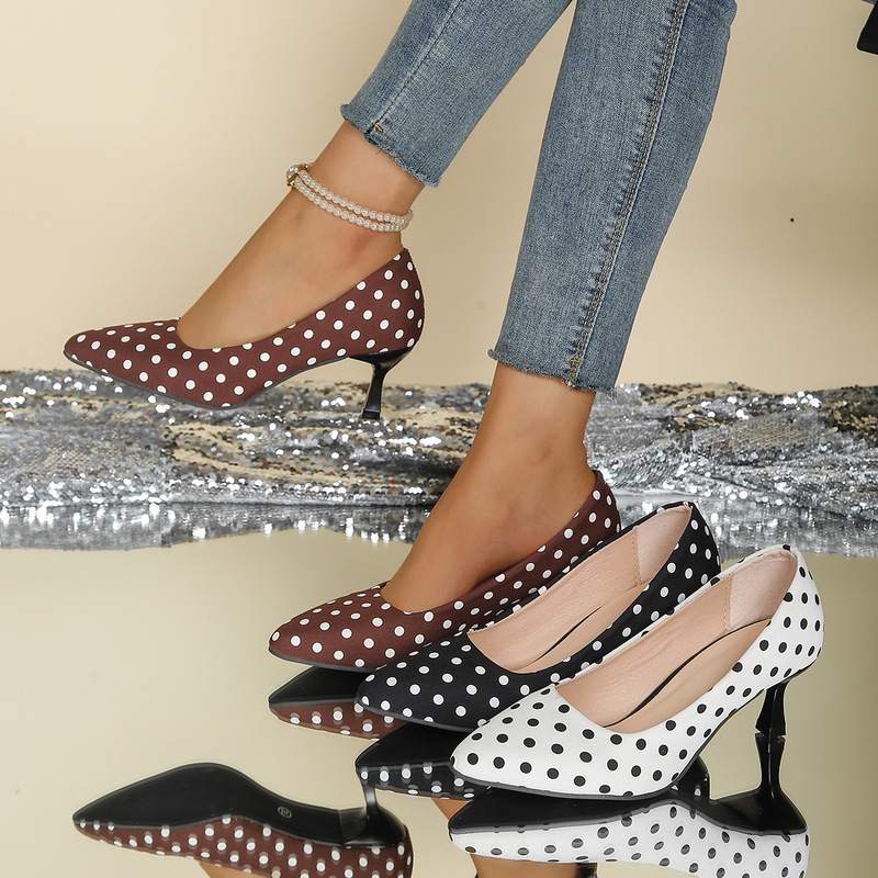 Fashionable Polka Dot Slip-On Mary Jane Shoes for Women with a Sweet Design, Thin Heels, Pointed Toe, and Shallow High Heels