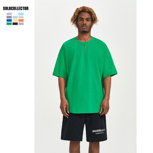 Trendy brand men's 240G double yarn pure cotton short-sleeved men's solid color FOG loose men's heavy off-shoulder T-shirt 2024 new style