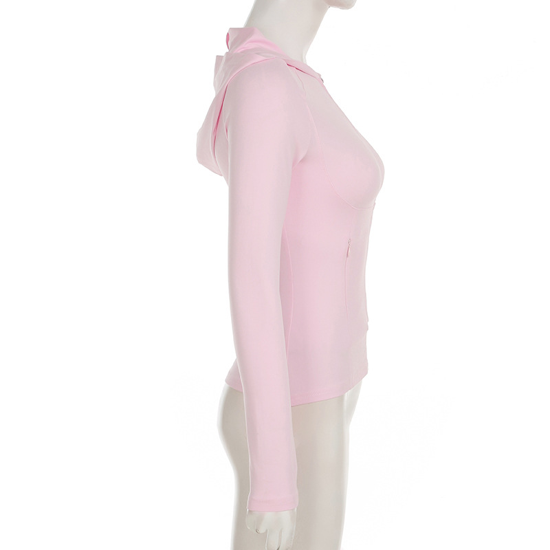 Solid Color Sports Fitness Running Top Yoga Slim Fit Fall Winter Outer Wear Hooded Zipper T shirt for Women