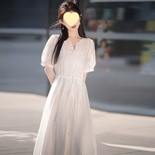 重工刺绣连衣裙2024夏季新款气质超仙裙白色裙子旅游度假仙女长希