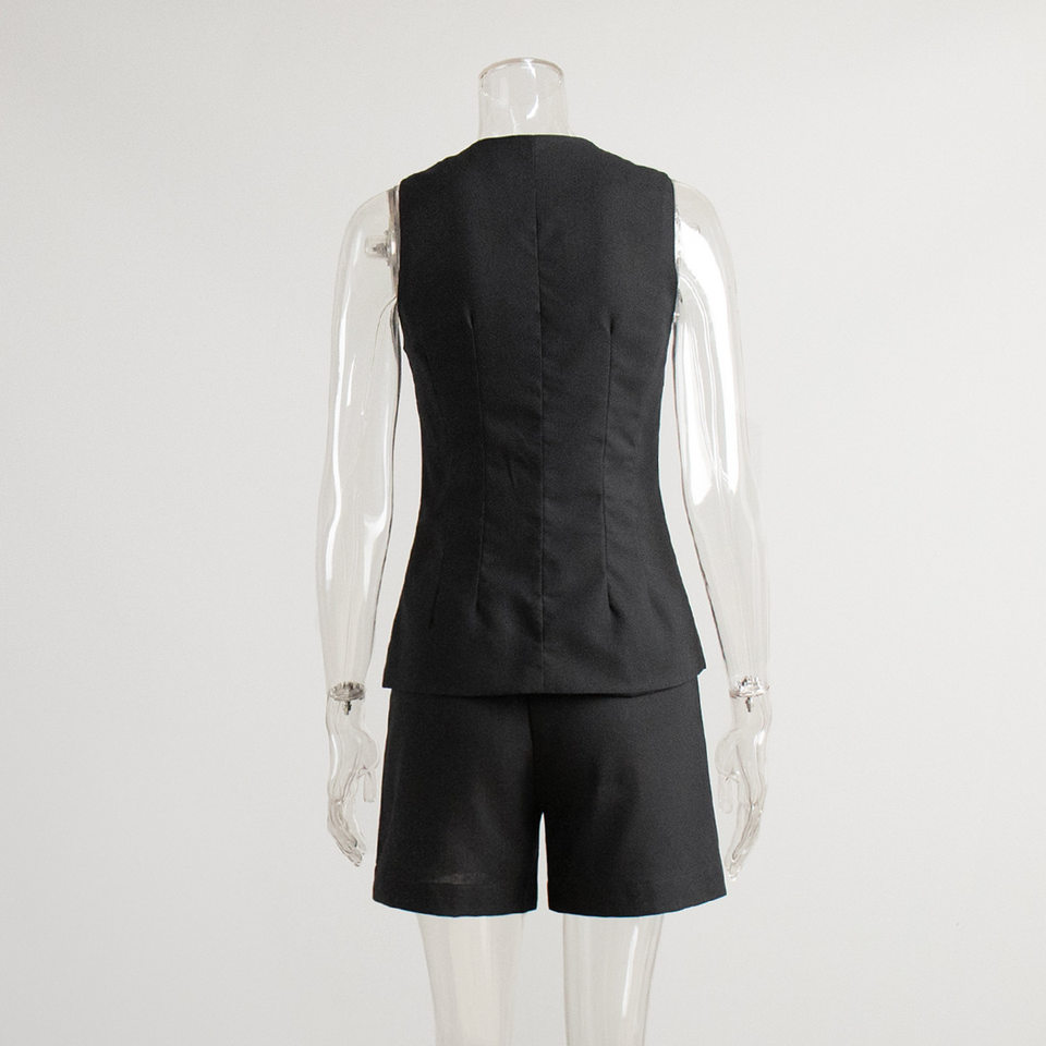 Bộ vest gile và quần short nữ chất liệu lanh cotton, áo khoét vai không tay, kiểu công sở — Màu mơ, Màu nâu đậm, Màu trắng, Màu xanh nước biển chi tiết 7