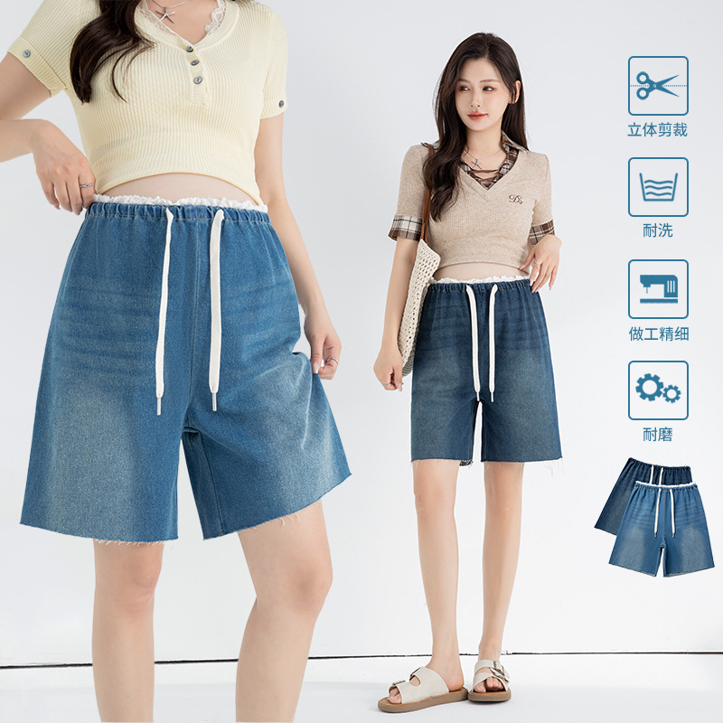 Ytl Maternity Jeans New Summer Versatile Outer Wear Straight Denim Shorts Korean Style Lace Drawstring Maternity Pants