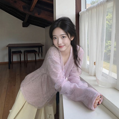 cheesa'风信子'上衣女透透纱拼接小衫设计感小众粉紫v领针织外套