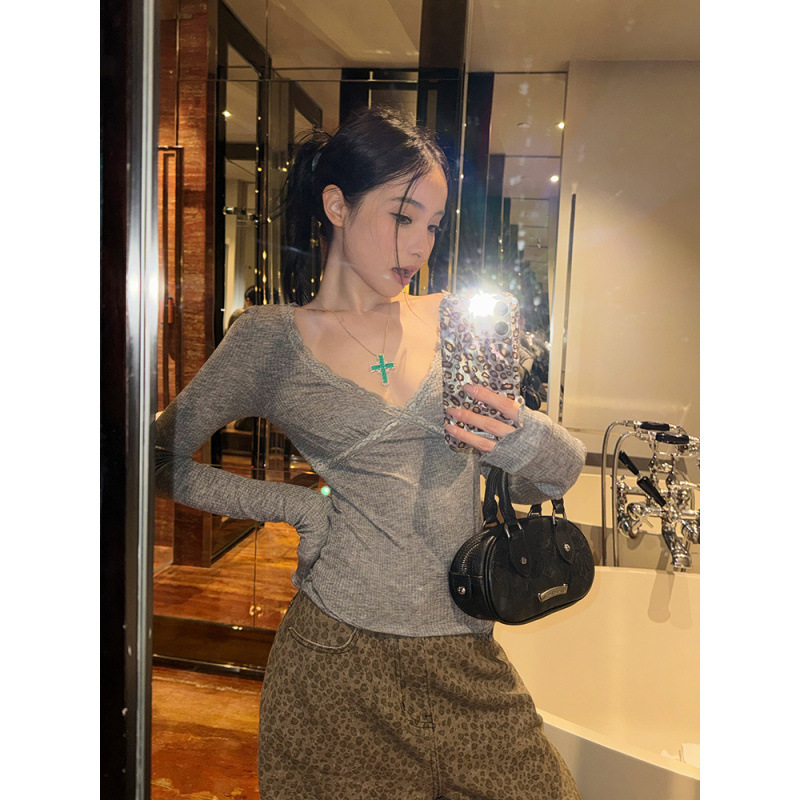 Spice Girl Xi Pineapple Korean Style Elegant Details Long Sleeve T-Shirt Lace Base Top Women's Pit Strip Base Shirt Autumn