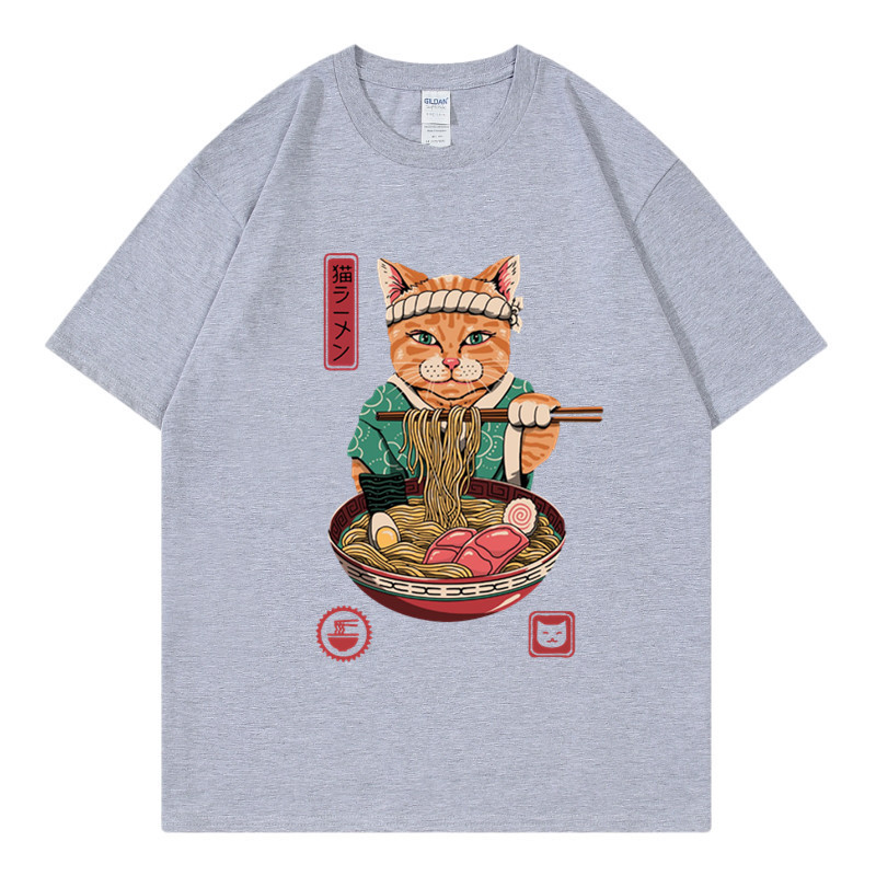New Zhuoli station Kung Fu cat eating noodles printed t-shirt men's and women's Casual Short Sleeve round neck top_voghion.com
