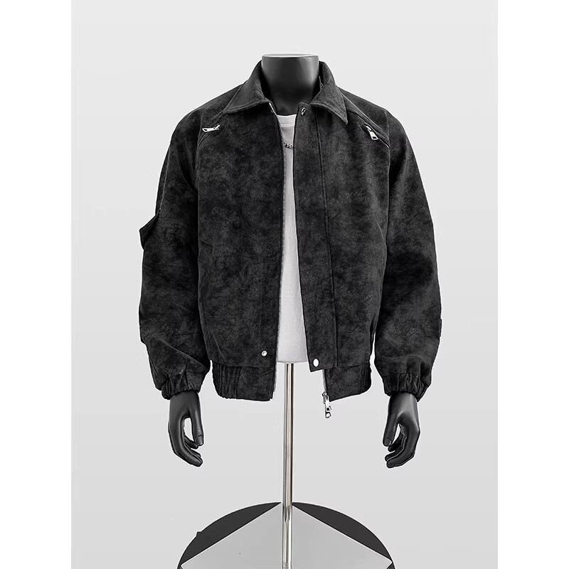 American High Street Style Tie-Dye Suede Jacket for Men with Unique Zipper Design, Melard Lapel Motorcycle Jacket