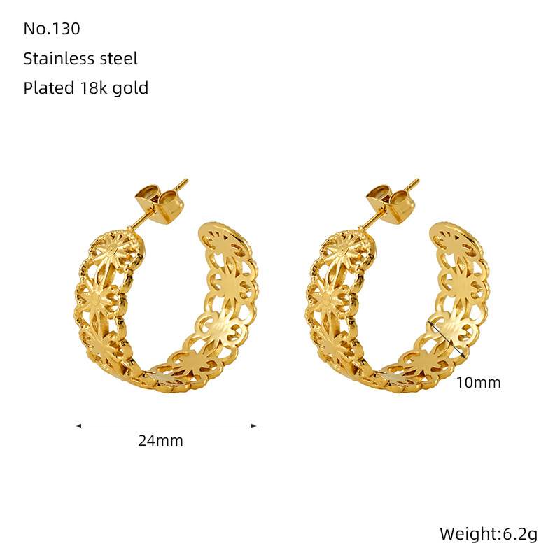 Pendientes de acero inoxidable con patrón hueco geométrico nuevo estilo de moda europea y americana, pendientes chapados en oro simples y versátiles