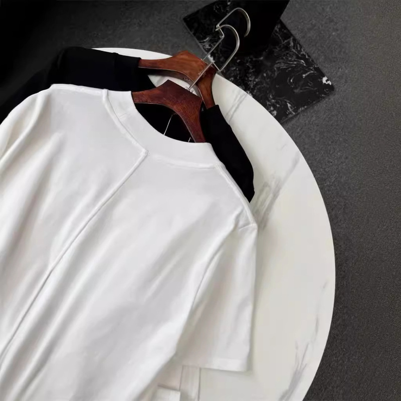 Minimalist R0W Home Signature Slippery Soft Cotton Crewneck Rear Mid-Stitching Short-Sleeved Shoulder White T-Shirt Women's Half-High Collar