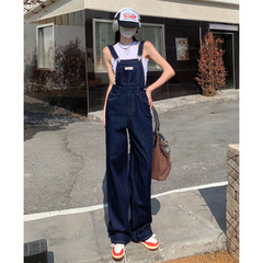 FU-JEANS ダークブルーのファッショナブルな年齢を軽減する女性用デニムオーバーオール、スリムに見えるハイウエストのルーズストレートフロアレングスパンツ