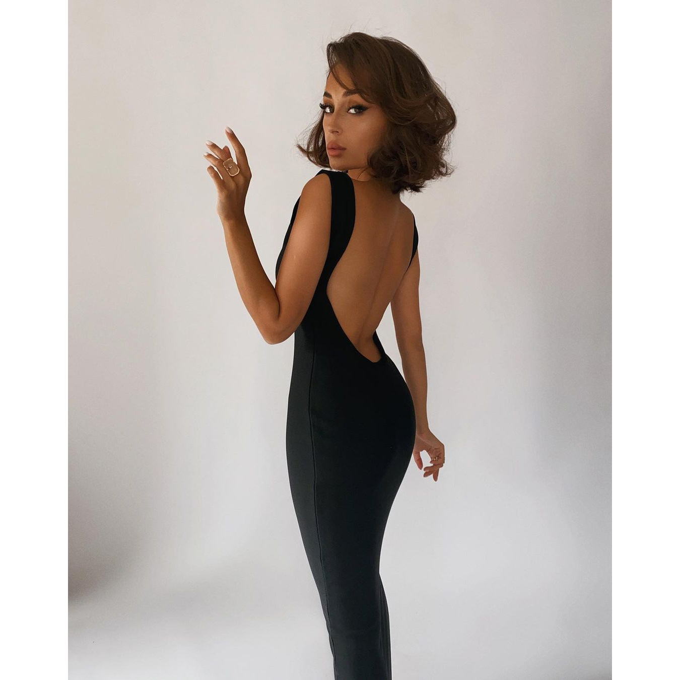 Sling Low-Cut Backless Slim Solid Color Dress NSOYL116229