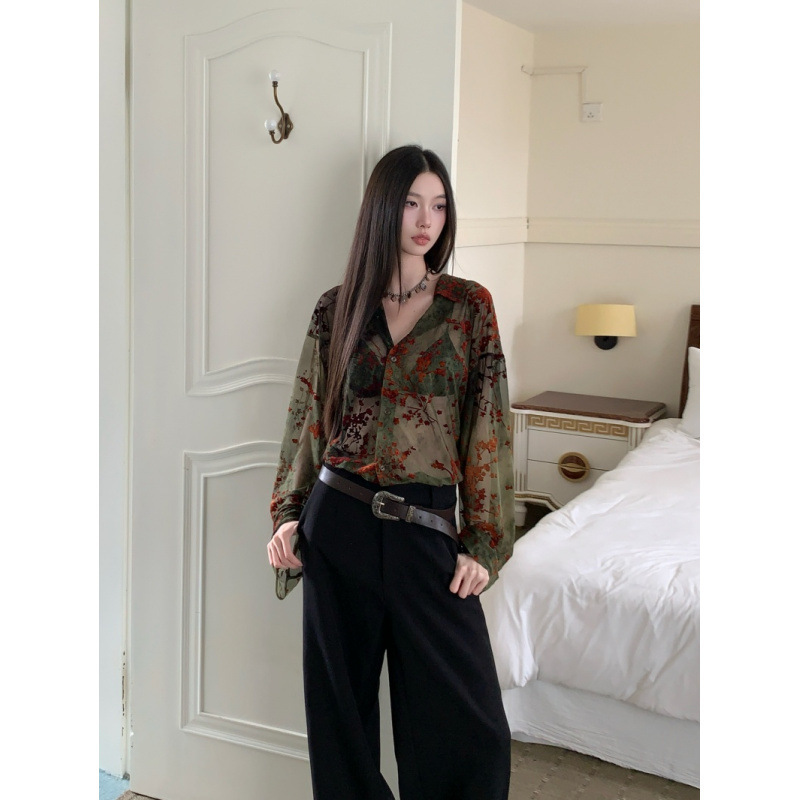 2025早秋日杂网纱植绒原创设计复古浪漫透明弹力打底男女长袖衬衫|undefined