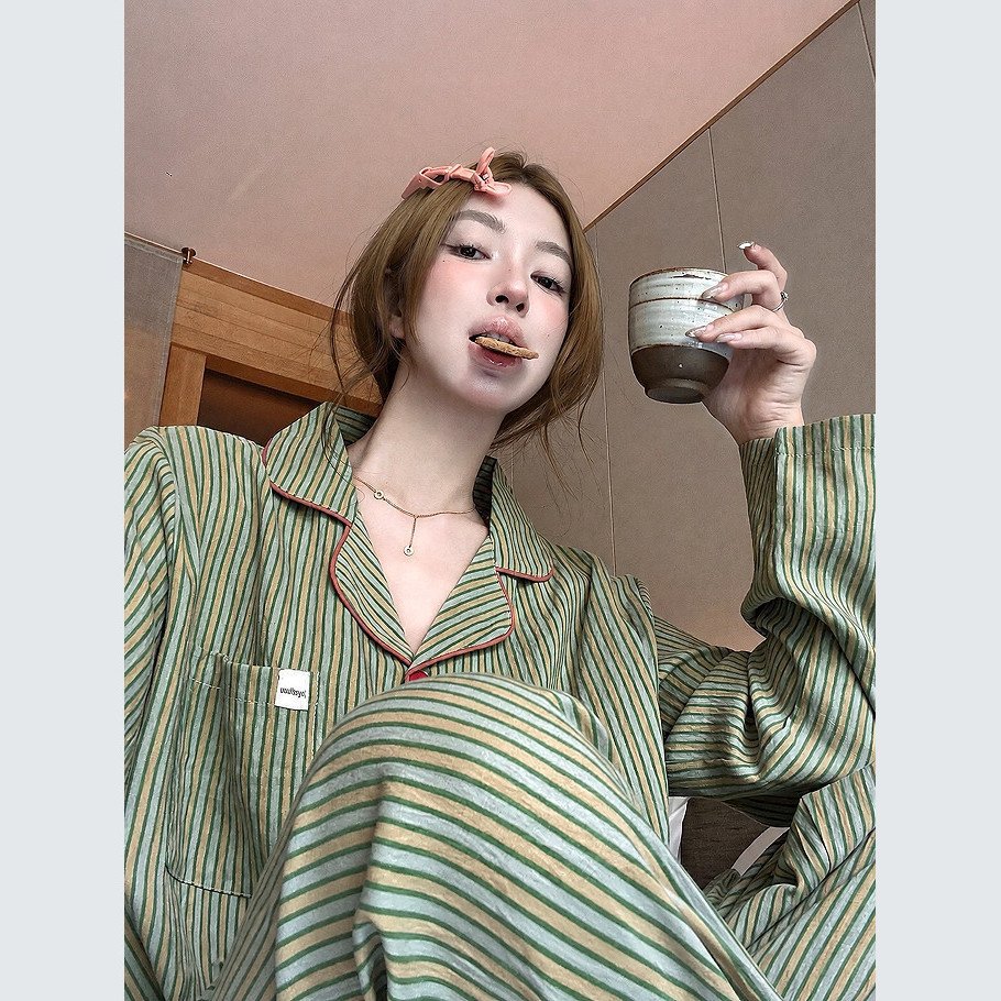 Women's striped pajamas for spring and autumn, casual and comfortable, long-sleeved and long-pants, sweet student-style cloud cotton home wear set