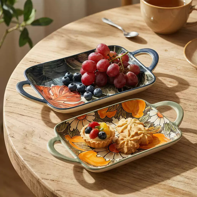 Cross-border wholesale ceramic tableware, double-handled square plate, anti-scald, hand-painted dessert fish plate, ins-style aesthetic niche dinner plate