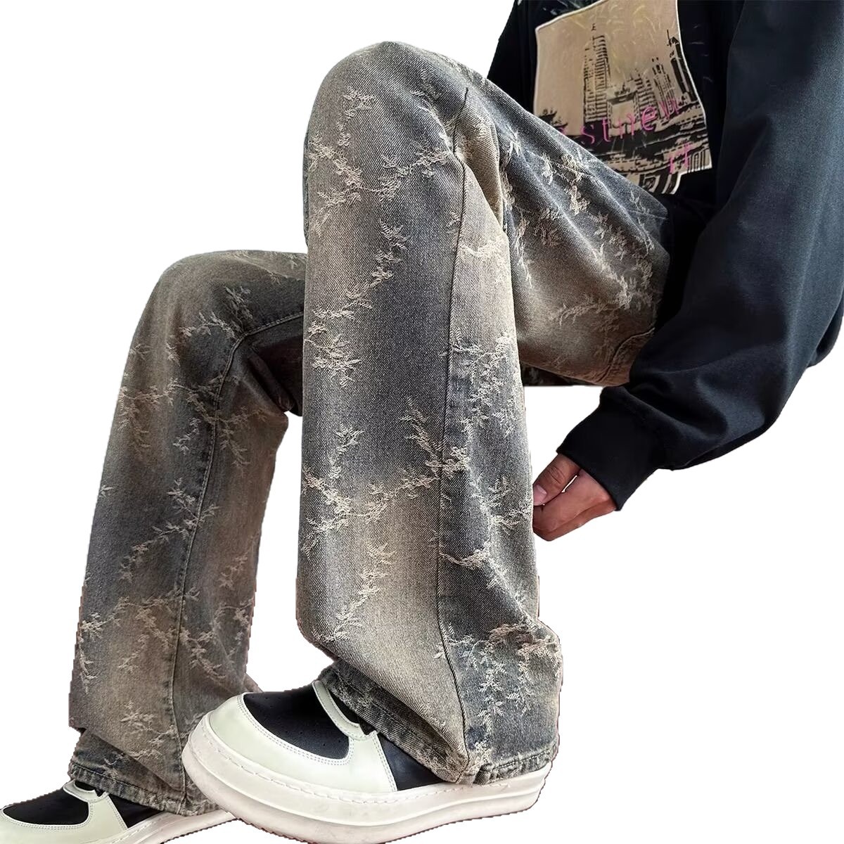 Primavera americana retro lavado con agua gradiente jacquard jeans hombre estilo de diseño americano delgado pantalones rectos