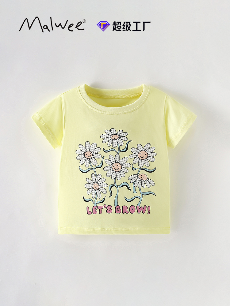 Malwee niñas camiseta de cuello redondo ropa de verano nueva camiseta de mangas cortas de estilo extranjero niñas lindas camiseta de ropa de niños camiseta casual