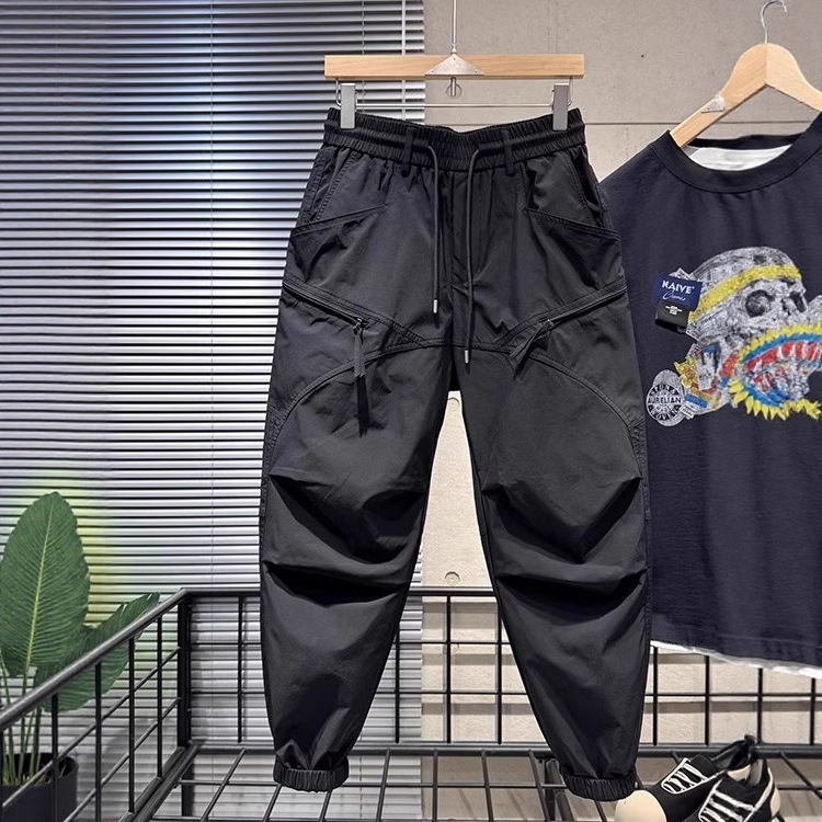 Summer men's cargo pants, loose-fitting outdoor casual sports pants, quick-drying functional cropped pants, trendy harem jogger pants
