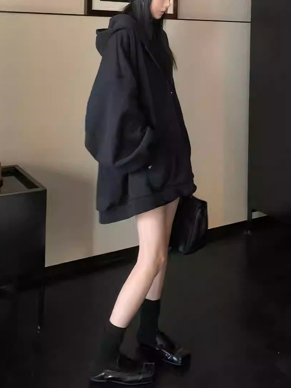 欧欧欧阳黑色连帽拉链卫衣外套女冬季加绒加厚慵懒风休闲宽松上衣|undefined