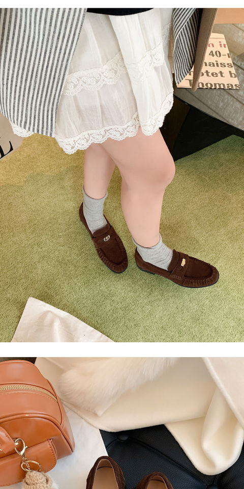 Giày lười nữ da bò nhăn nhúm phong cách retro, gót thô 6–8 cm, mũi tròn xỏ chân — Màu kaki, Màu nâu cà phê chi tiết 11