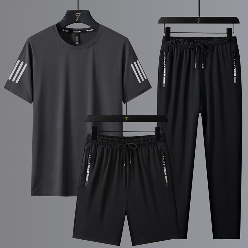 Traje de ocio deportivo de seda de hielo de talla grande para hombre de verano camiseta de cuello redondo pantalones sueltos de manga corta de secado rápido tres piezas