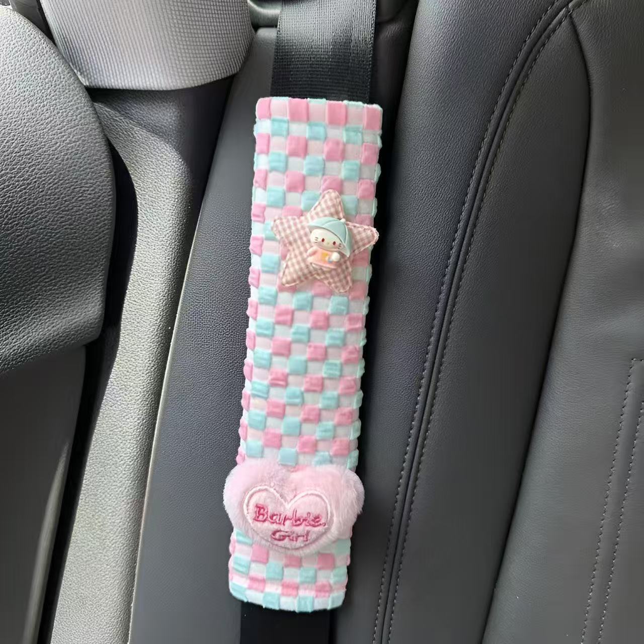 Sweet Mini Hello Kitty Seatbelt Shoulder Pads Soft Bubble Plaid Dopamine Colorful Car Interior for Women