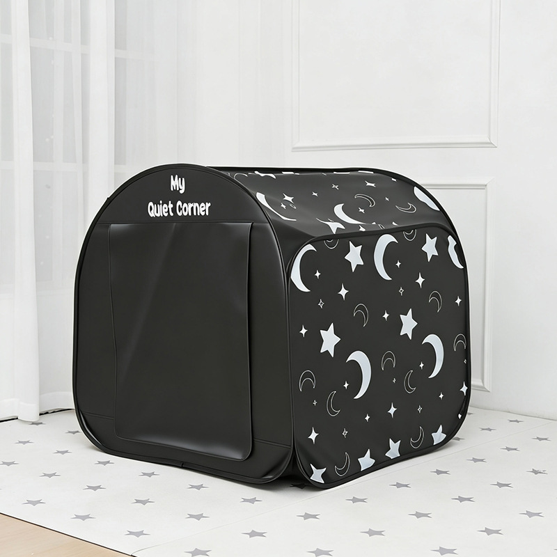 Black Children's Tent with Light-Blocking Sensory Features for Autism, Glow-In-The-Dark Version, Foldable, No Installation Required, Printed Design for Indoor Play