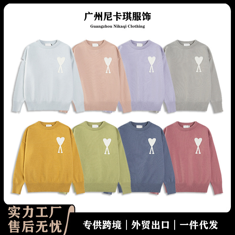 High Version Ami Knitwear 25Ss New Classic Jacquard Big Heart Round Neck Knitwear Cross-Border Versatile Knitwear