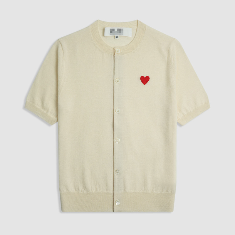 New Version Cdg Comme Des Garçons Japanese Style Heart Play Round Neck Short-Sleeve Sweater Knitwear 100% Wool Cardigan