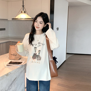 Spring and Autumn maternity clothes Korean style loose pregnant women's long-sleeved T-shirt top round neck casual printed bottoming shirt t Cotton