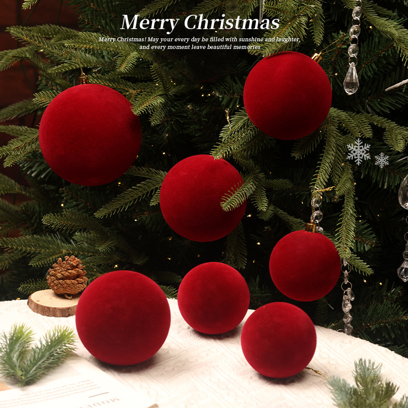 Decoraciones navideñas transfronterizas flocado bolas rojas de Navidad colgantes de árbol de Navidad atmósfera de vacaciones diseño de escena image 4