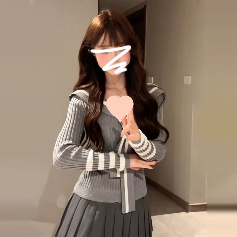 黑色条纹毛衣女春秋慵懒学院风修身显瘦别致上衣春季海军领针织衫|undefined