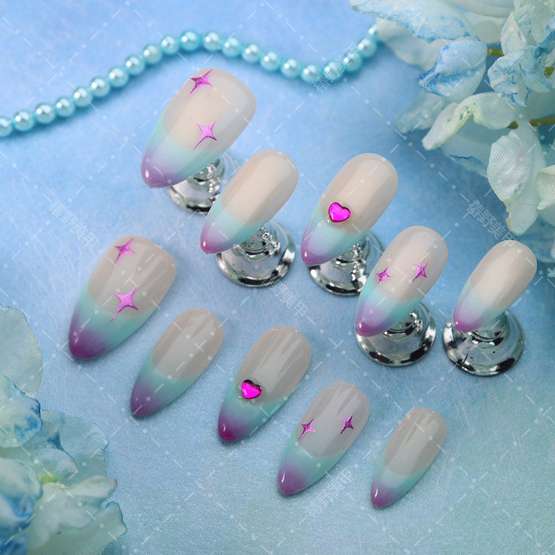 Hot-Selling Wearable Nails, European and American Style, Purely Handmade, Simple Design with Heart and Star Shapes, Blue-Purple Gradient, French Manicure Pieces, Cross-Border