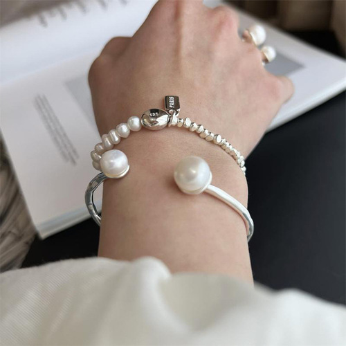 Korean version pearl bracelet open-style bangle for women, INS cool wind, simple temperament, versatile, unique design sense, trendy bracelet