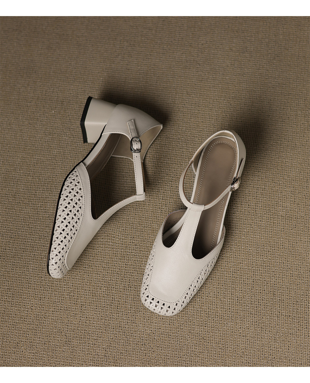 Sandal quai chữ T bít mũi da bò lớp đầu gót thô 4cm đục lỗ thoáng khí — Màu đen chi tiết 20