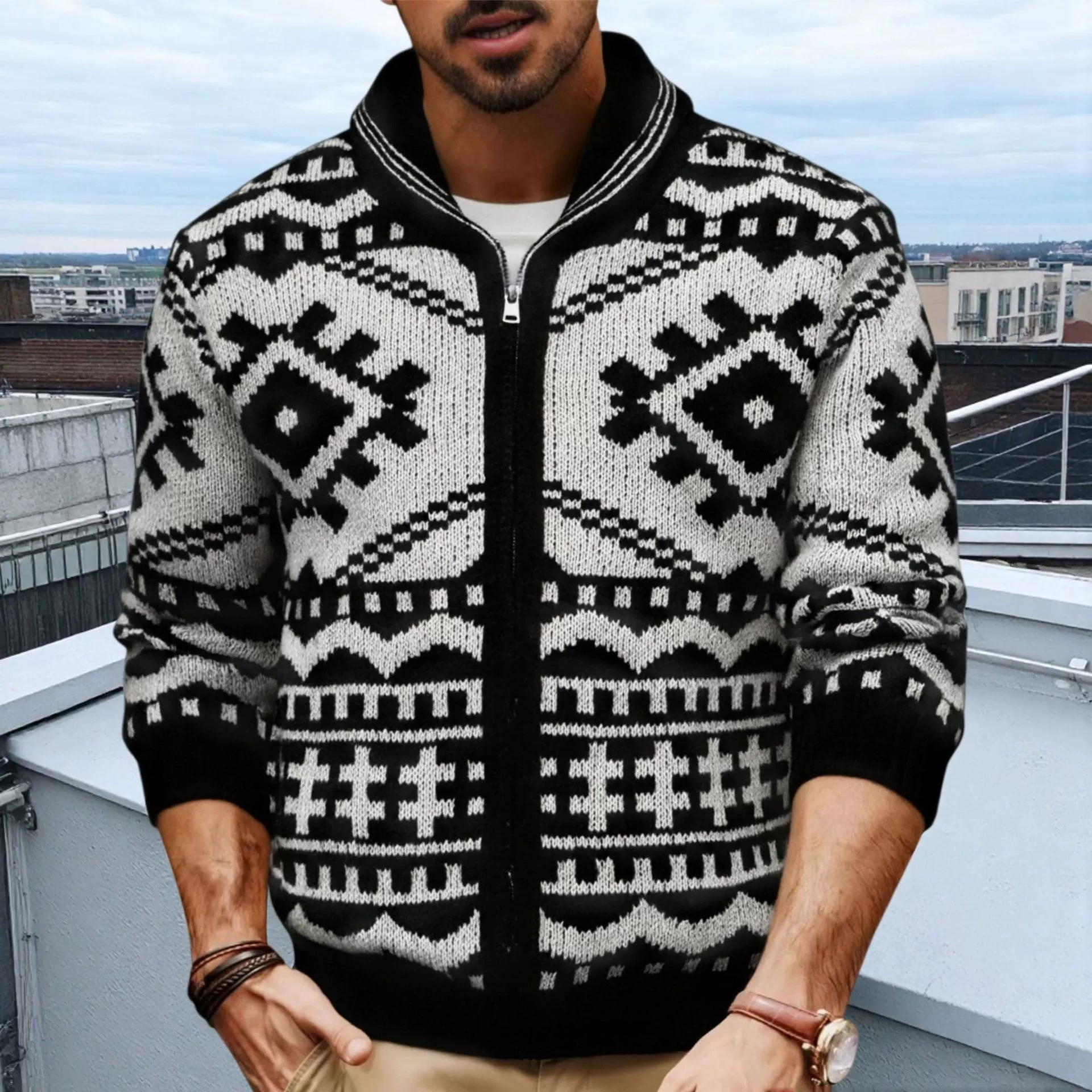 Внешняя торговля Amazon Мужская осенне-зимняя мужская жаккардовая вязаная куртка с лацканами и длинным рукавом, свитер SY0020