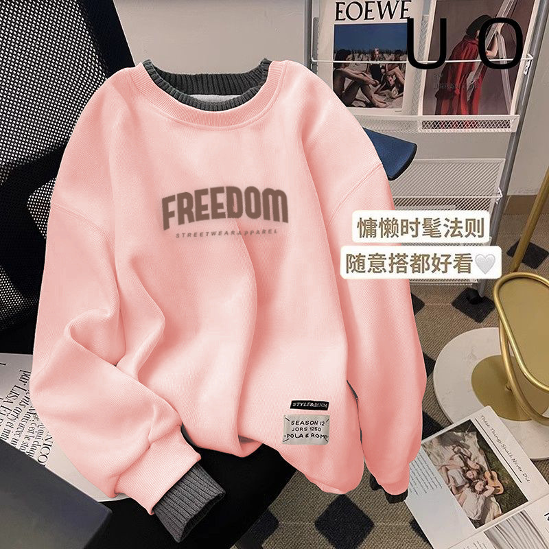 가짜 투피스 기모 크루 넥 땀 여성의 2024 년 가을과 겨울 새로운 간단한 느슨한 캐주얼 가을 여성의 풀오버 탑