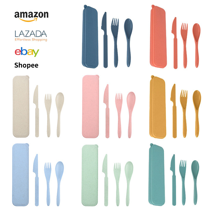 Cross-Border Creative Wheat Plastic Tableware Knife, Fork and Spoon Set Outdoor Travel Camping Storage Box Convenient Student Tableware
