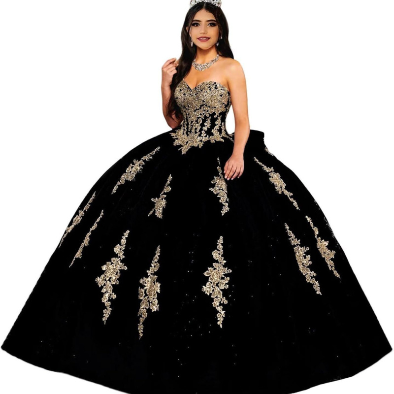 Gown with Sheer Tulle Appliqué, Colorful Tulle Princess Dress, New Style Ball Gown with Sparkling Fluffy Lace, Strapless Gold Dress Gown with Sheer Tulle Appliqué, Colorful Tulle Princess Dress, New Style Ball Gown with Sparkling Fluffy Lace, Strapless Gold Dress