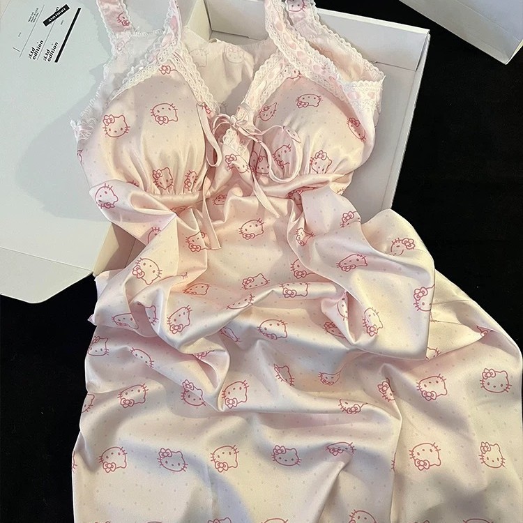 Ice Silk Nightgown for Women Summer with Breast Pads Thin Sexy Ins Style Cartoon Cute Kity Pajamas Women's Home Clothes