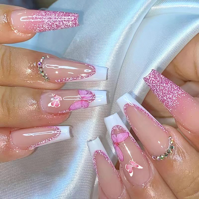 Cross-border Long Ballet Pink Glitter French Diamond Wear Armor Cute Butterfly False Nail Elegant Sweet Nail Pieces