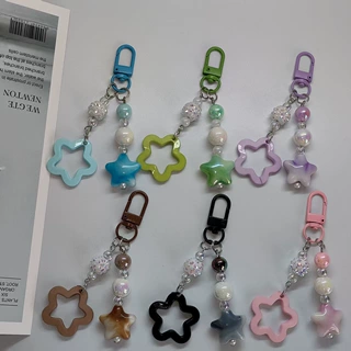 新款镂空五角星铃铛钥匙扣亚克力彩色小星星珍珠铃铛合金门扣挂件