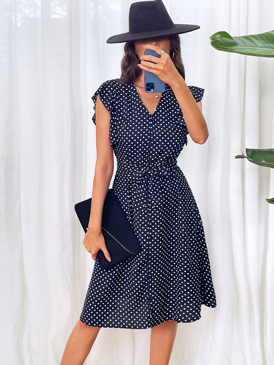 V-neck polka dots irregular buttons ruffles sleeves dress NSFH128449