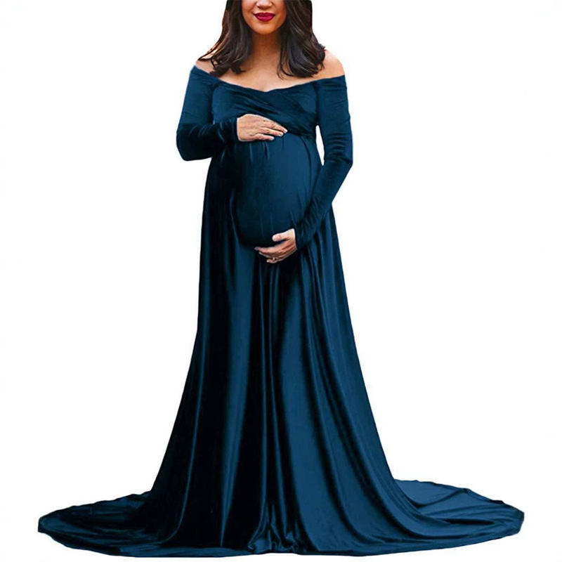 2023 European and American autumn and winter women's clothing gold velvet pregnant women V-neck trailing dress photography dress