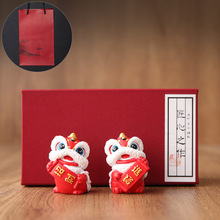 新中式中国风招财进宝醒狮石狮子一对办公室桌面家居装饰品小摆件