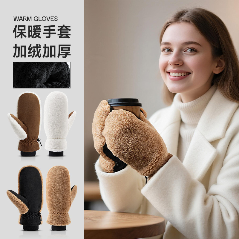 Winter Warm Gloves for Women, Velvet Windproof Plush Gloves, Outdoor Ski Mountaineering Bag Finger Mittens, Cold-Proof Gloves
