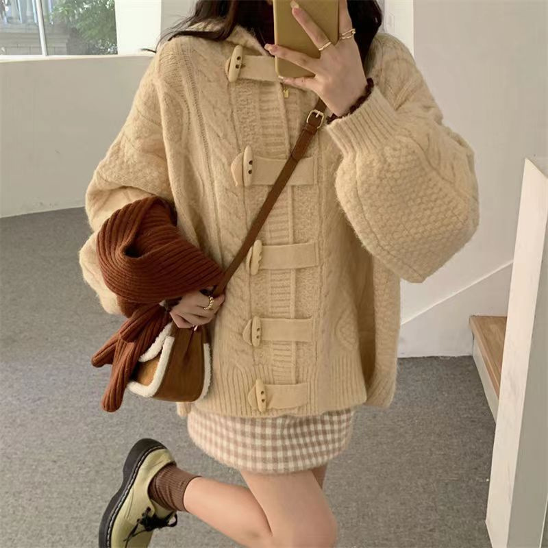 麻花毛衣外套女装2025秋冬新款甜美灯笼袖牛角扣连帽加厚针织开衫|undefined