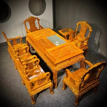 金丝楠木泡茶桌椅八件套小叶桢楠荷花茶桌精雕细琢实木中式茶台