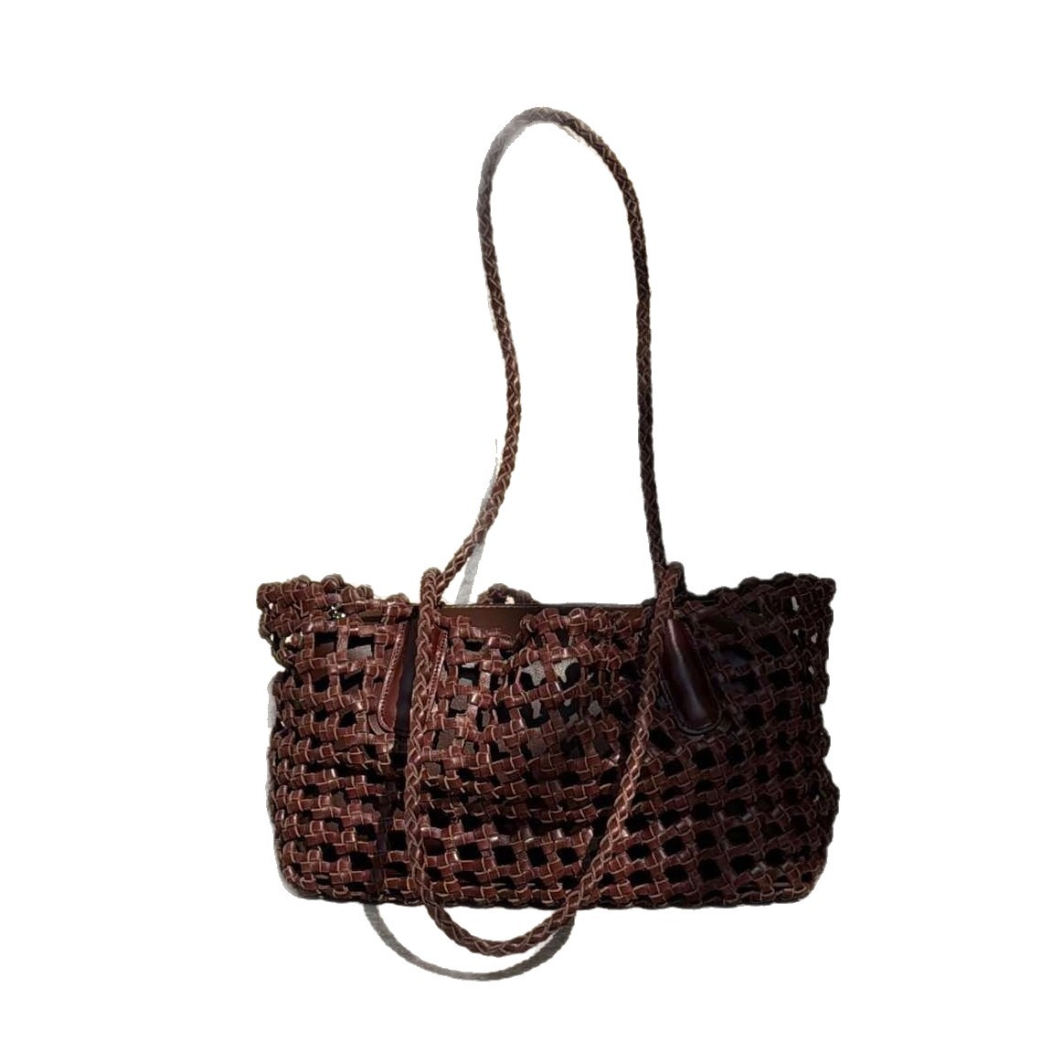 Hand-Woven Hollow Out Cowhide Leather Shoulder Bag French Style Market Basket Vacation Tote Beach Bag For Women - Thumbnail 5
